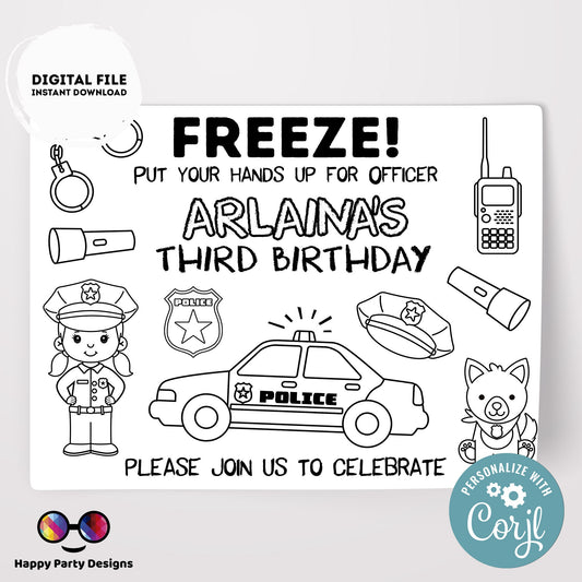 Editable police coloring page  | police Party | Police Girl Placemat | Editable Instant Download | Edit Online Corjl | INSTANT ACCESS #K112