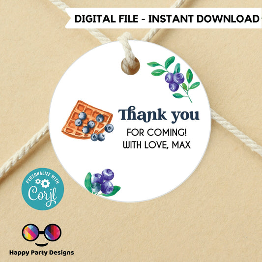 Editable Waffle and blueberries Thank you Template | Wedding Welcome Bag Tag | Gift Tags | pajama Birthday Party | Round Gift Tag #K130