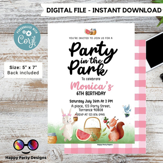 EDITABLE Picnic Birthday invitation | picnic in the park printable invite | Garden Birthday Party | picnic birthday | Girl Birthday #K142