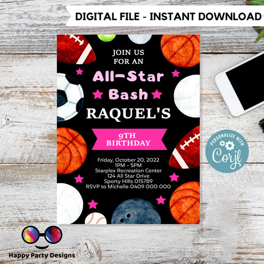 Editable Sports Birthday Invitation | Sports Invitation | Sports party Invitation | All Star Party Invite | Editable Instant Download #K140