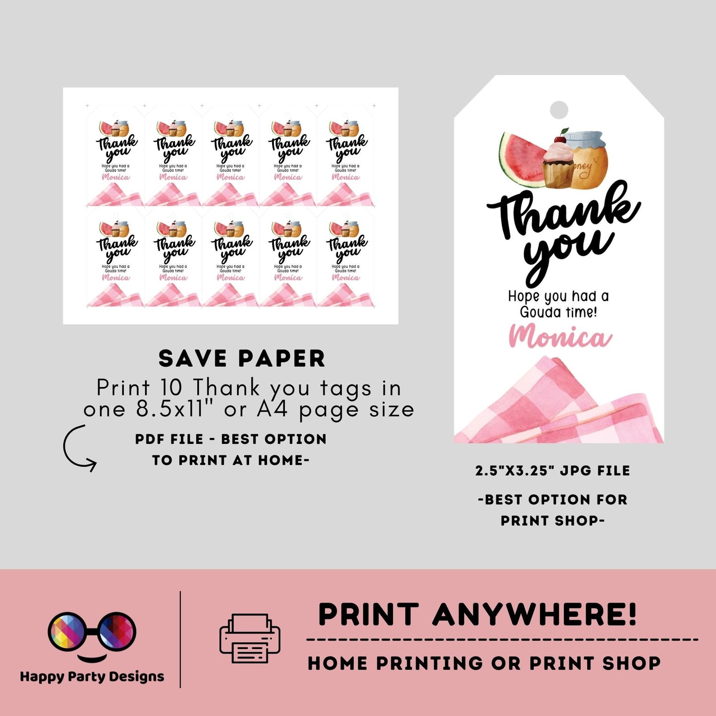 Picnic Birthday Thank You Tags | Picnic Gift Tags | Thank you tags | Birthday girl | Party Bag Tags | honey  #K142