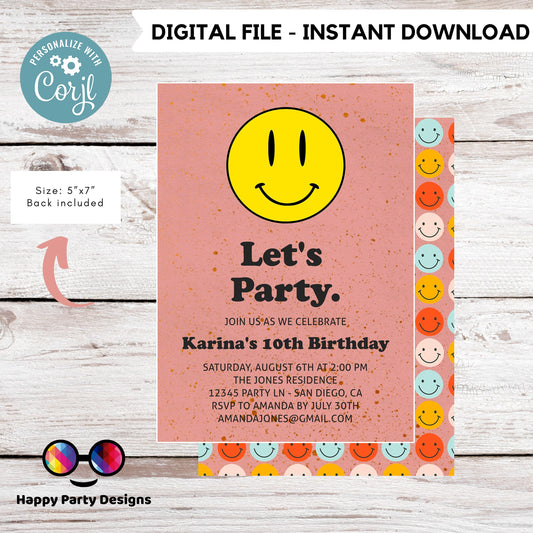 Editable Smiley face invitation | Groovy One Retro 1st Birthday Invitation | First Birthday | Retro |  70s Flower Power | any age #K144