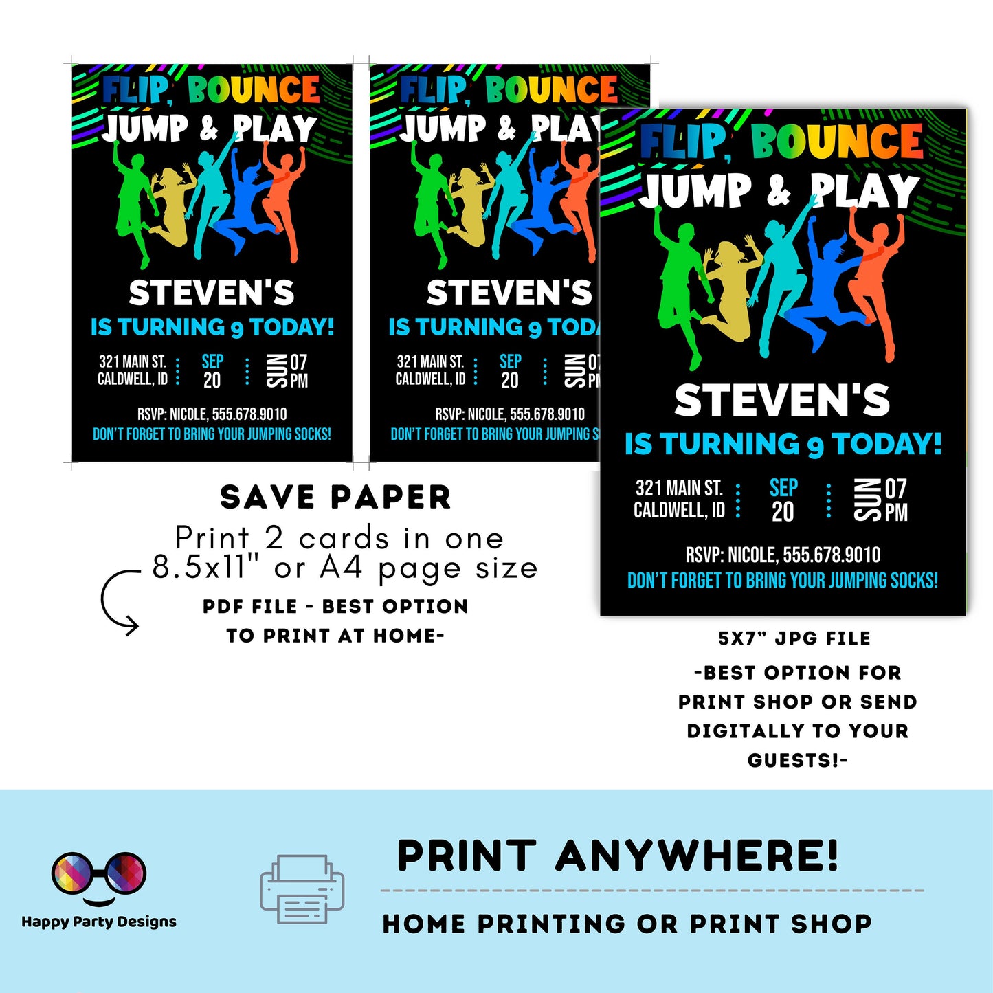 EDITABLE Flip, Bounce, Jump & play trampoline park birthday invitation | editable template | kids rainbow bounce birthday invite  #K103