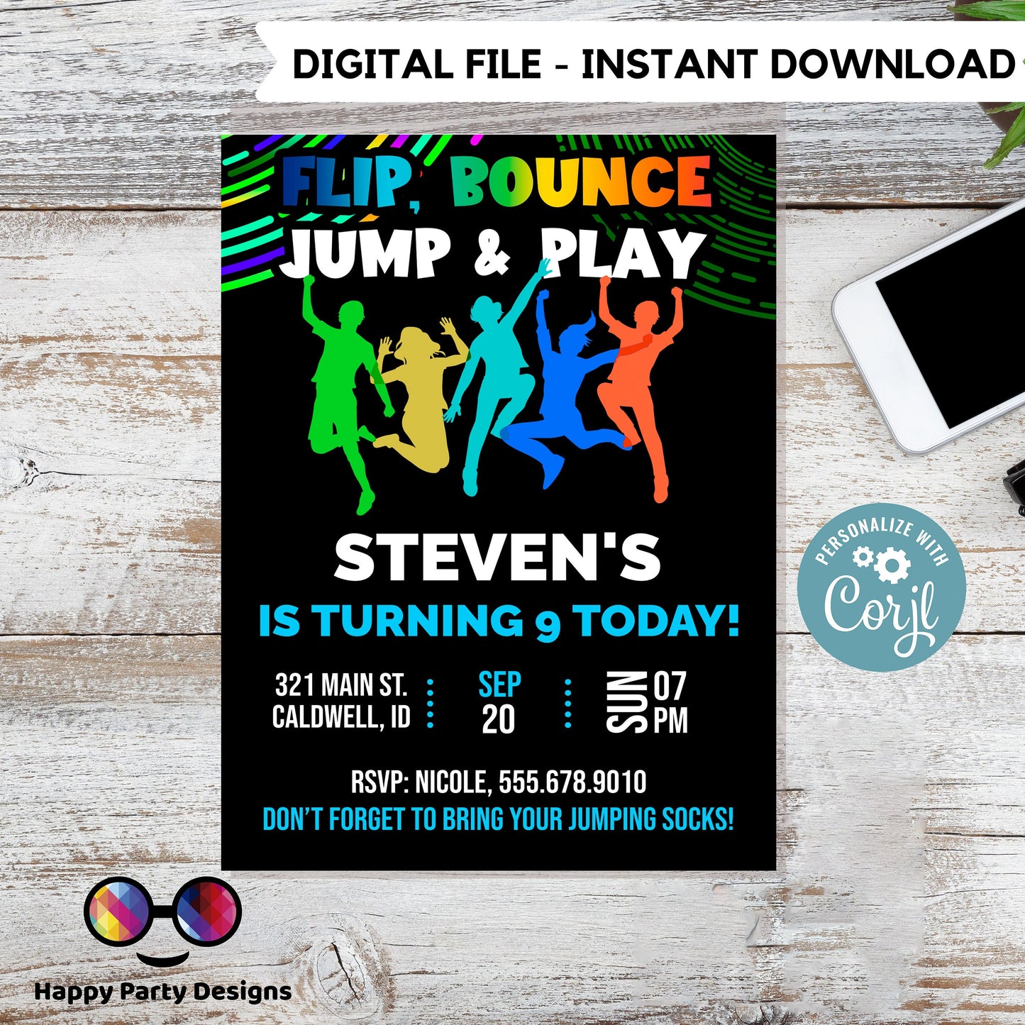 EDITABLE Flip, Bounce, Jump & play trampoline park birthday invitation | editable template | kids rainbow bounce birthday invite  #K103