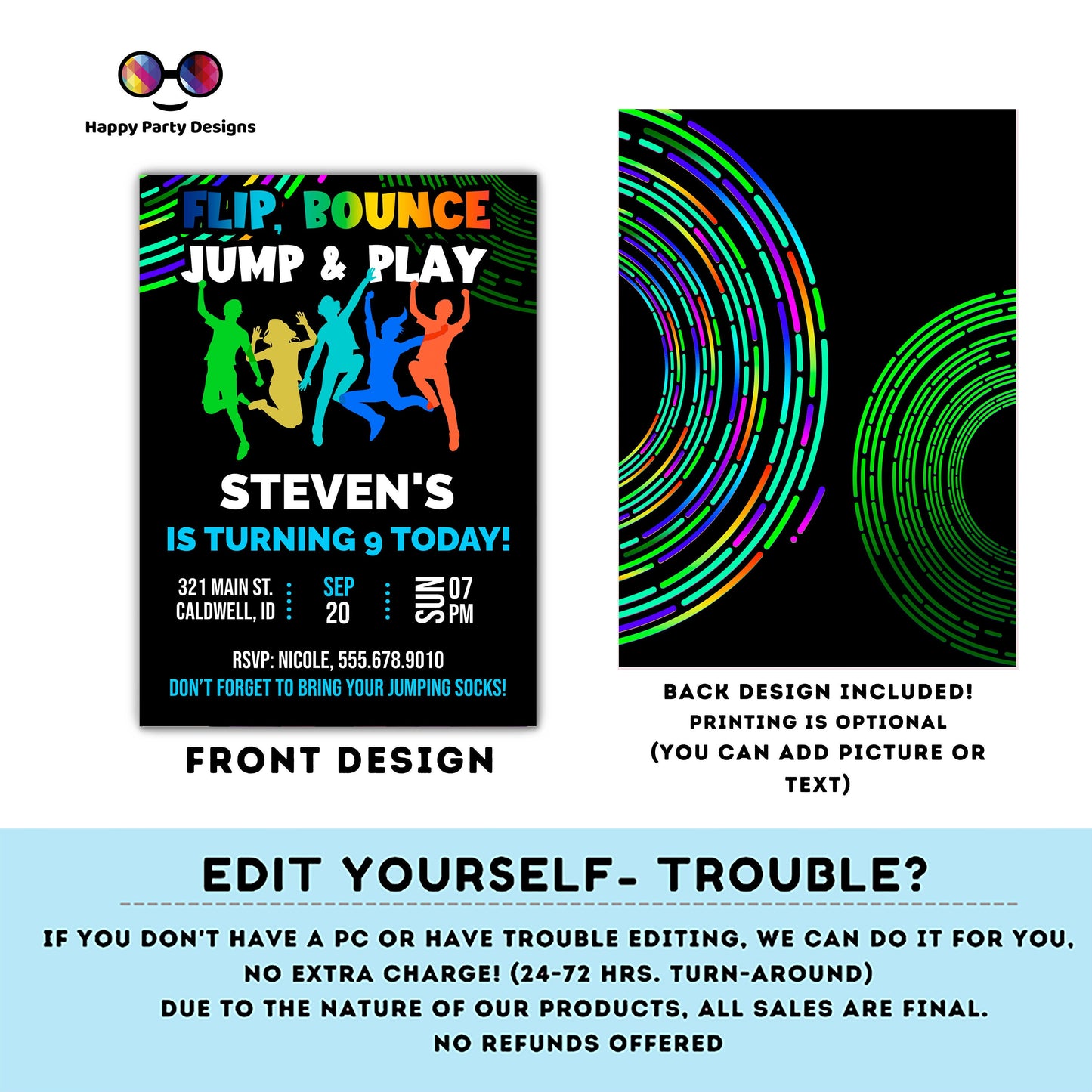 EDITABLE Flip, Bounce, Jump & play trampoline park birthday invitation | editable template | kids rainbow bounce birthday invite  #K103