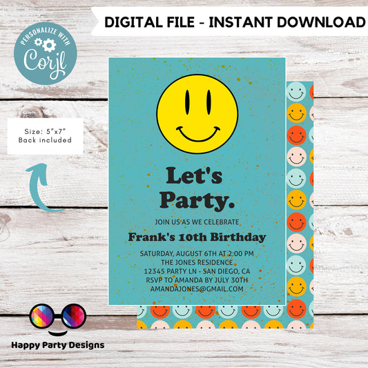 Editable Smiley face invitation | Groovy One Retro 10th Birthday Invitation | First Birthday | Retro |  70s Flower Power | any age #K144