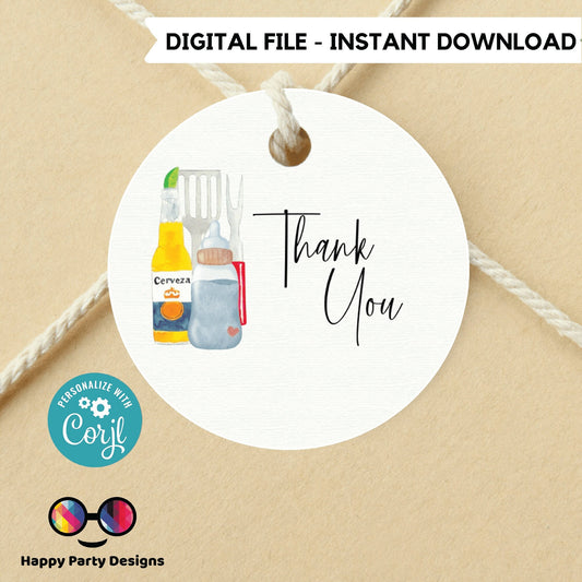 Editable BBQ and bottles too baby shower Favor Tags | BBQ shower Thank you tags | Co-ed Baby shower | Template | gift tag #B25