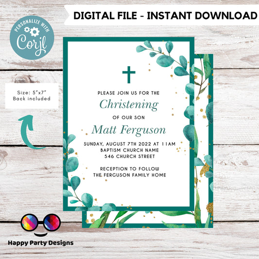 greenery Watercolor Baptism Invitation | Gold Christening Baptism | Invitation boy | emerald | Christening | Instant Download #R4