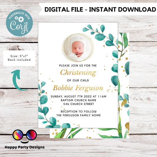 greenery Watercolor Baptism Invitation with photo | Gold Christening Baptism | gender neutral | Christening | Instant Download #R5