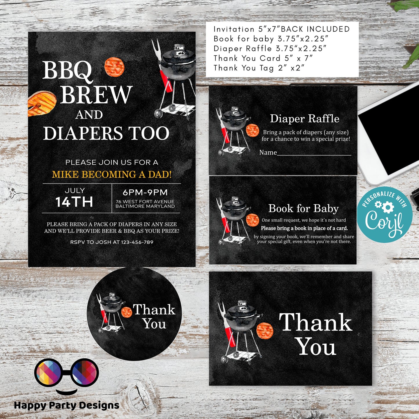 BBQ brew and diapers too Baby shower invitation bundle | diaper raffle, books for baby, thank you tag, thank you card | summer shower #B26