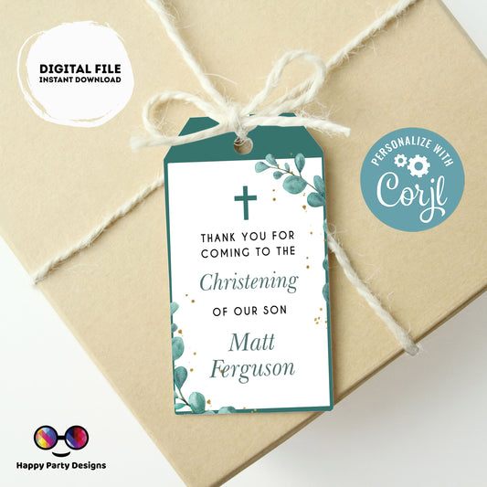 Editable Baptism Favor Tags | eucalyptus favor Tags  |  Rectangle Gift Tag | Thank You tag | boy Baptism green | Christening #R4