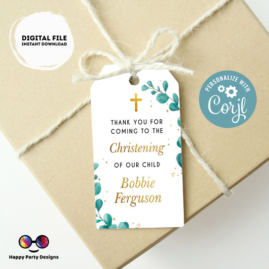 Editable Baptism Favor Tags | eucalyptus favor Tags  |  Rectangle Gift Tag | Thank You tag | boy Baptism green | Christening #R5