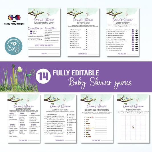 Editable bugs games bundle | bugs baby shower games | Baby girl | insect shower | green baby shower games | butterfly #B27