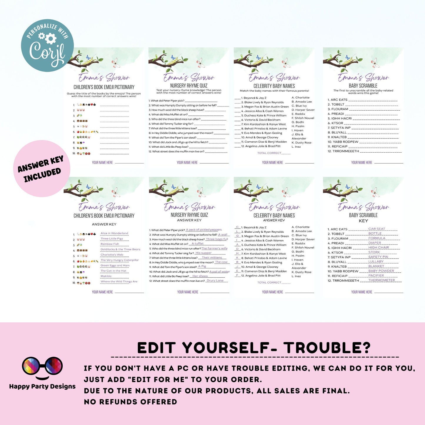 Editable bugs games bundle | bugs baby shower games | Baby girl | insect shower | green baby shower games | butterfly #B27