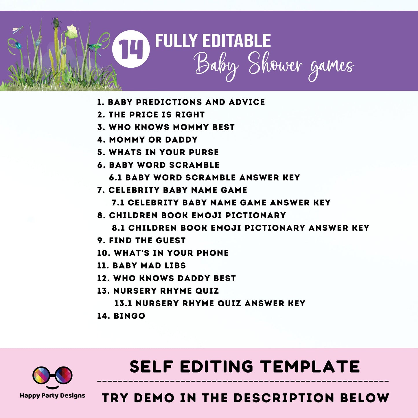Editable bugs games bundle | bugs baby shower games | Baby girl | insect shower | green baby shower games | butterfly #B27