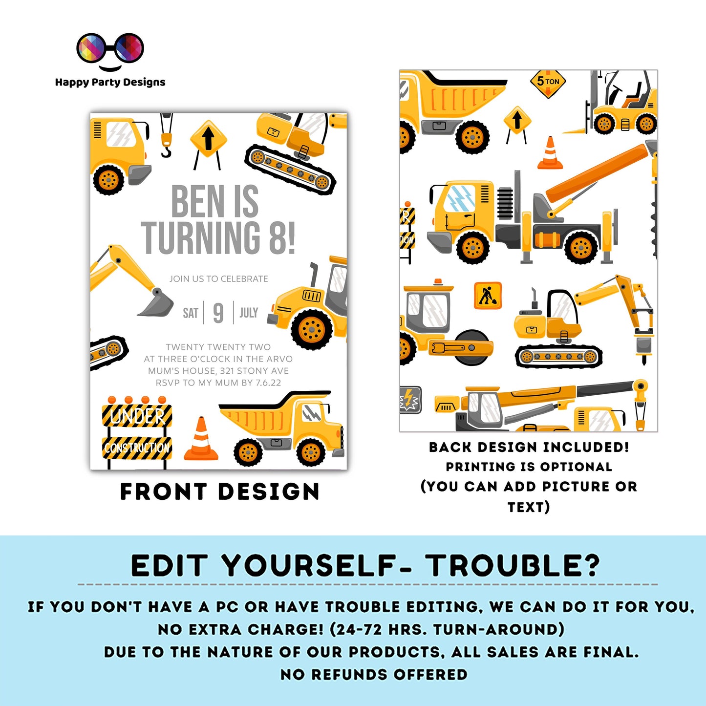 Construction Birthday Invitations | trucks party | boy | any age! | Party under Construction Invitation | Edit Yourself #K105
