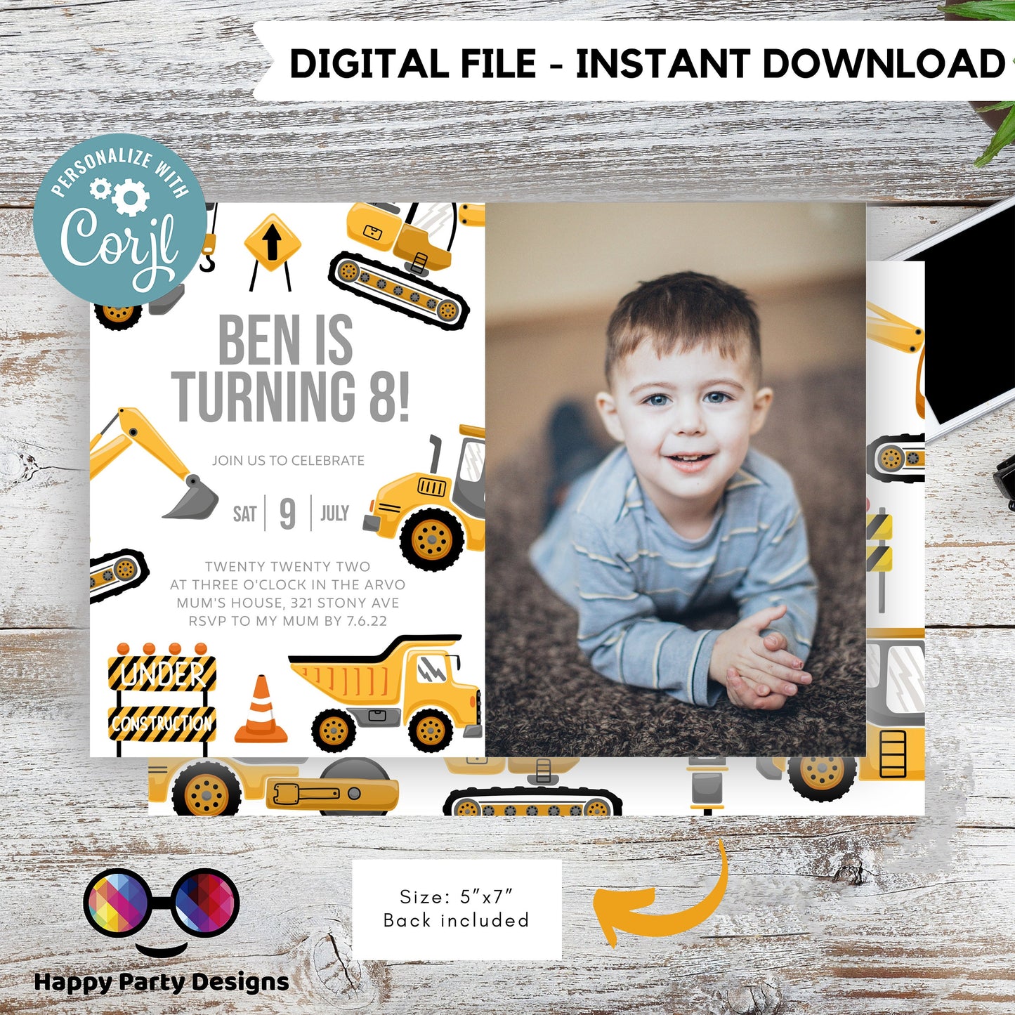 Construction Birthday Invitations with picture | trucks party | boy | any age! | Party under Construction Invitation | Edit Yourself #K105