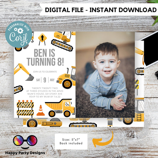 Construction Birthday Invitations with picture | trucks party | boy | any age! | Party under Construction Invitation | Edit Yourself #K105