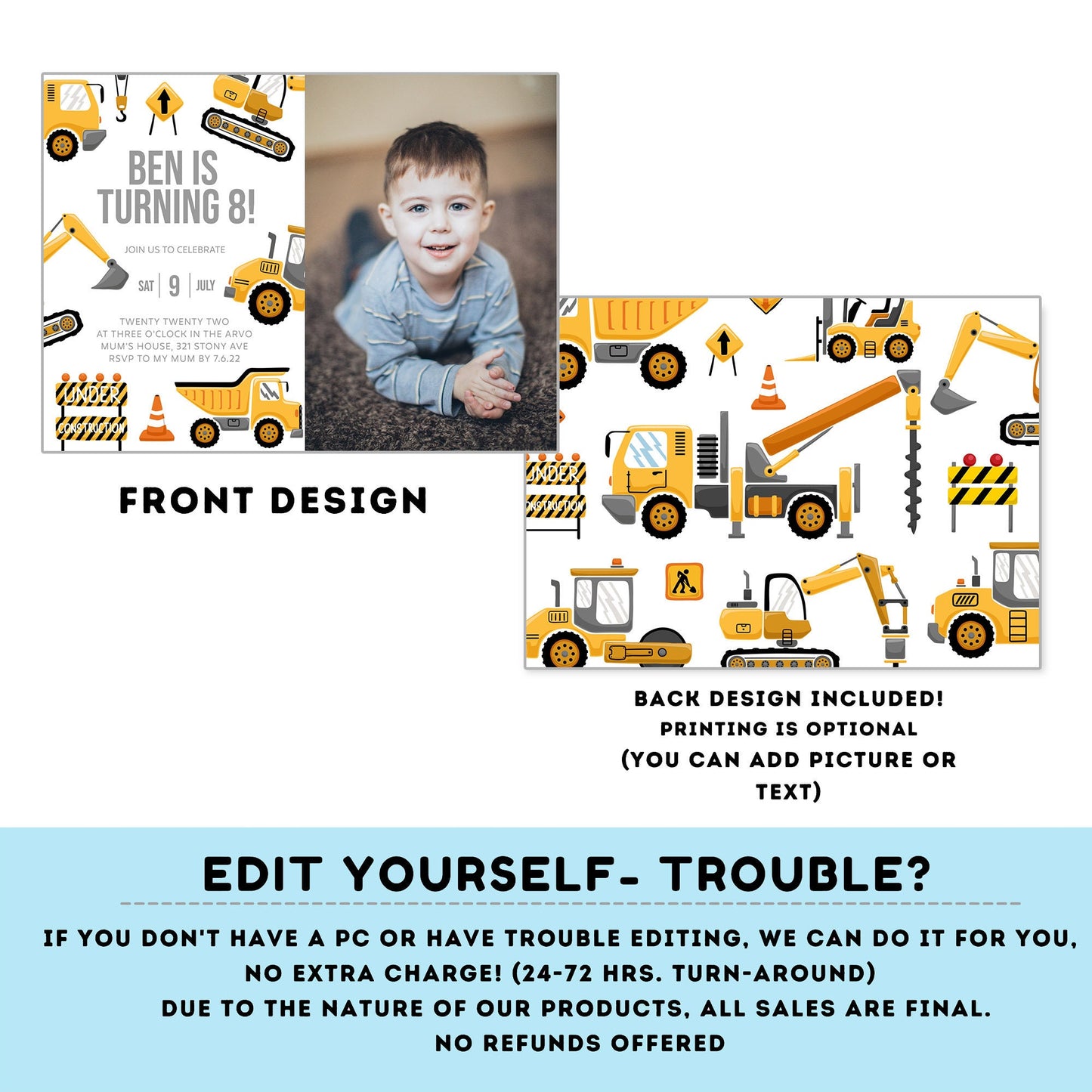 Construction Birthday Invitations with picture | trucks party | boy | any age! | Party under Construction Invitation | Edit Yourself #K105