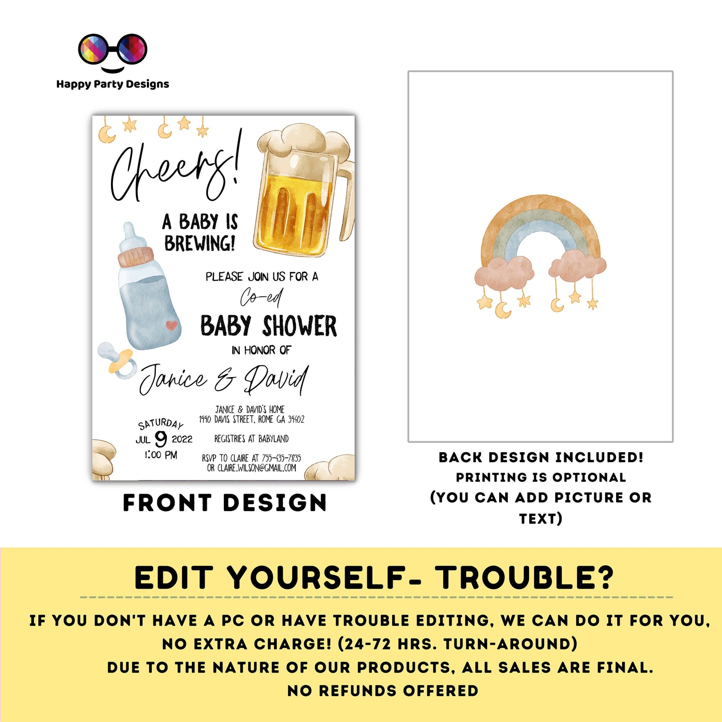 cheers a baby is brewing baby shower Invitation | Couples Baby Shower Invite | Co-ed Baby Shower | Gender Neutral | beer | drinks #B28