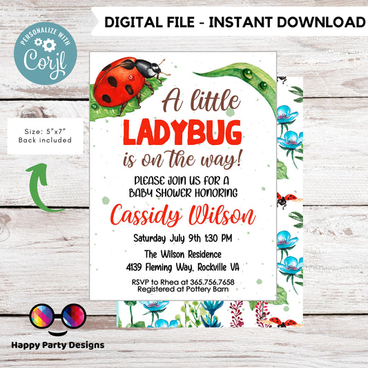 Little Lady Ladybug Baby Shower Invite | Invitation Insect Party | Insect Greenery Invitation | Red and Black Baby Shower | baby girl #B29