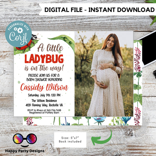 Little Lady Ladybug Baby Shower Invite with photo | Insect Party | Greenery Invitation | Red and Black Baby Shower | baby girl #B29