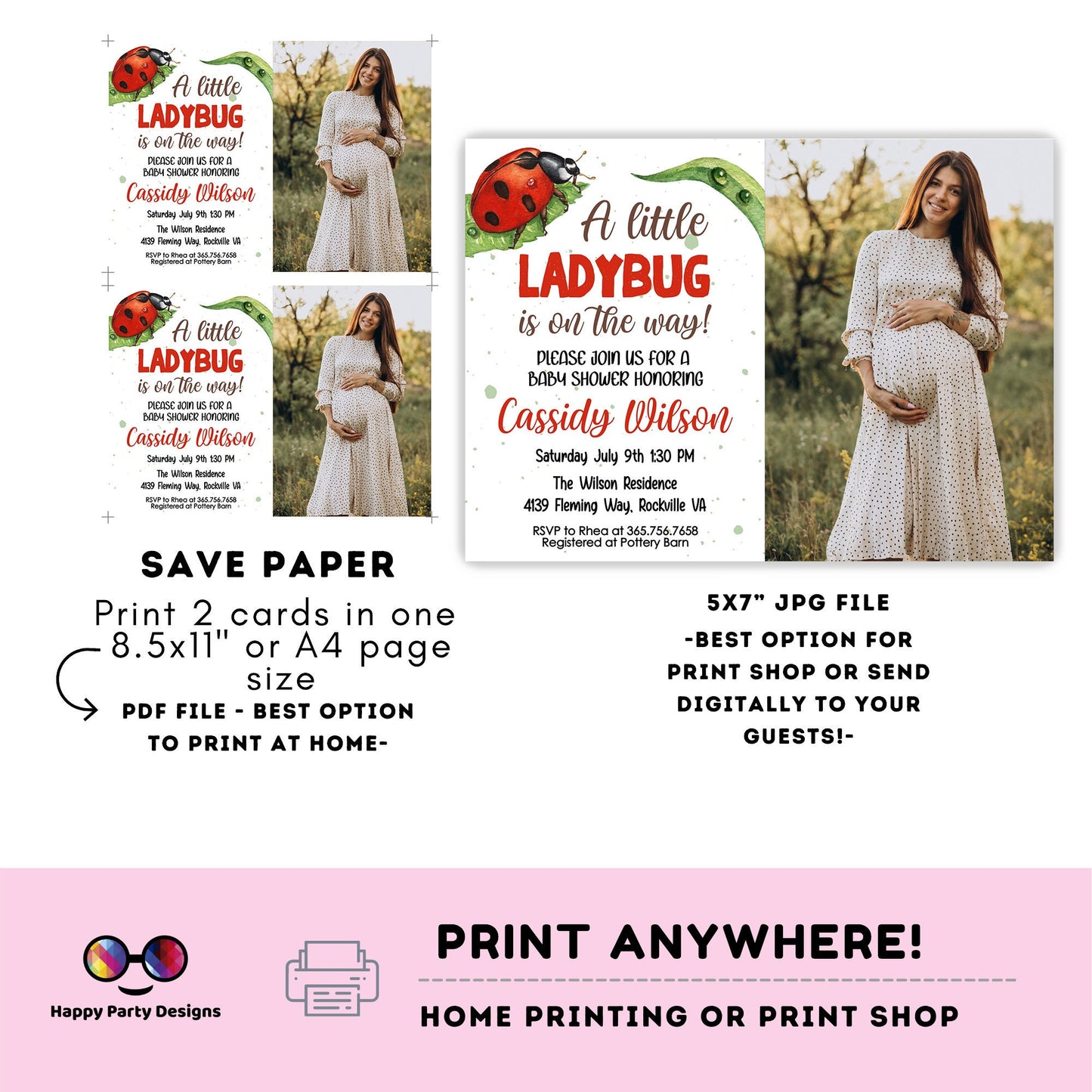 Little Lady Ladybug Baby Shower Invite with photo | Insect Party | Greenery Invitation | Red and Black Baby Shower | baby girl #B29