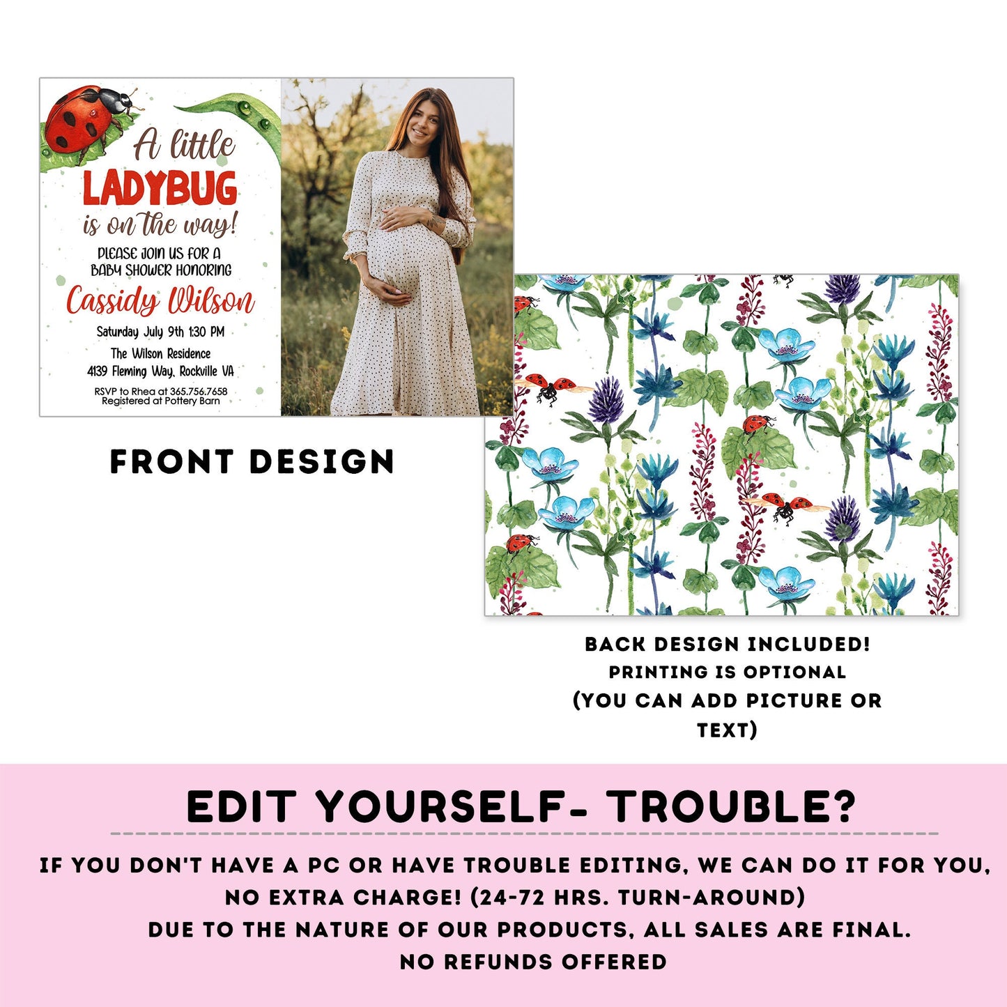Little Lady Ladybug Baby Shower Invite with photo | Insect Party | Greenery Invitation | Red and Black Baby Shower | baby girl #B29