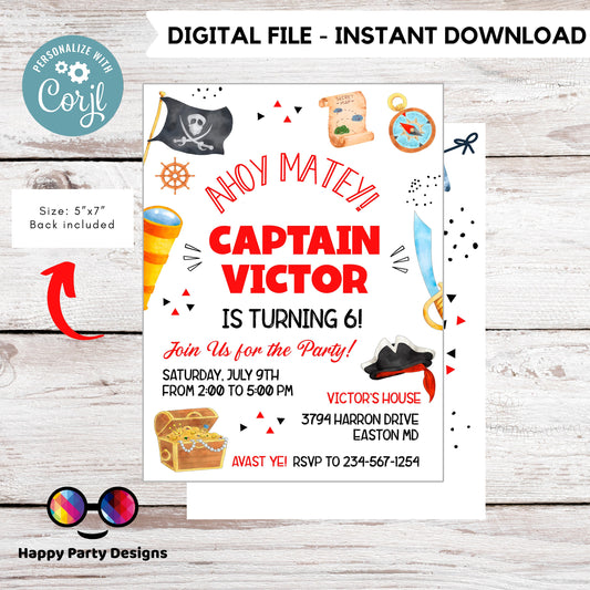 Pirate Invitation | Pirate Birthday Party | Pirate Invite | Pirate Ship Party Invite | boy birthday | any age | editable on line #K108