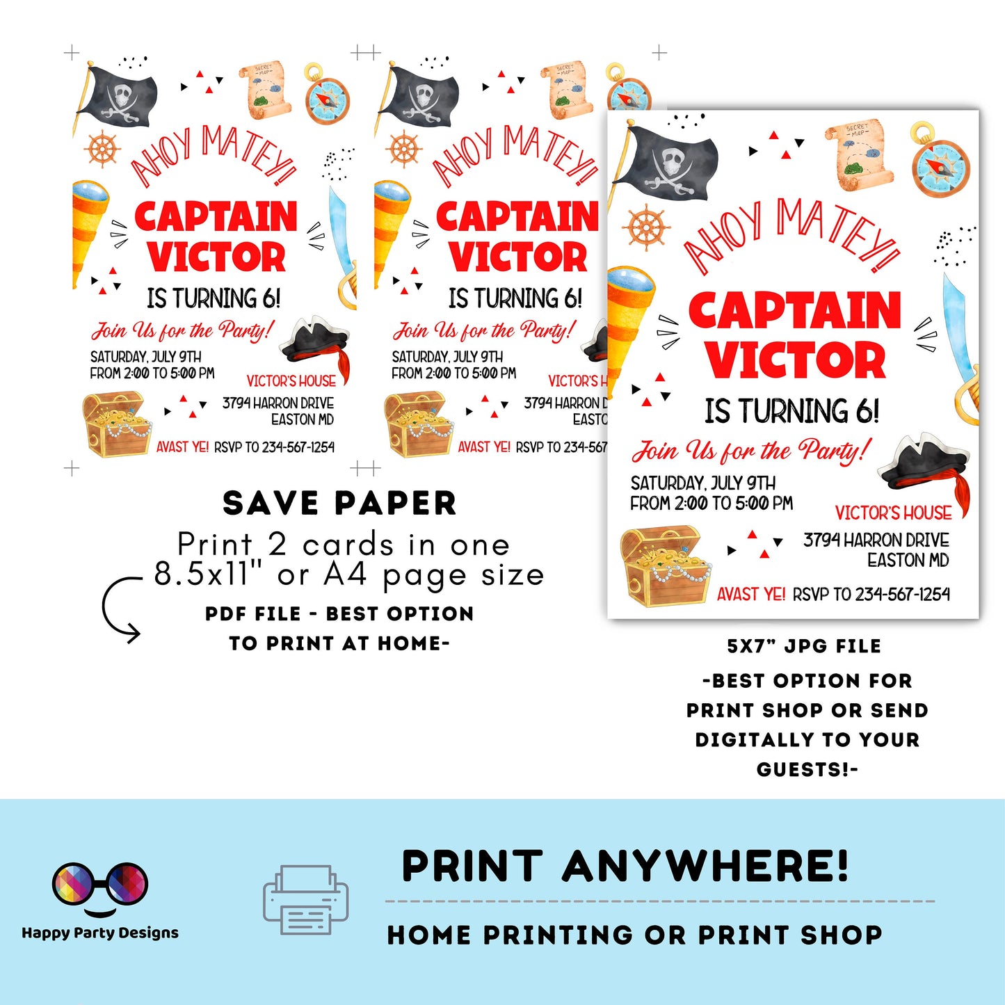 Pirate Invitation | Pirate Birthday Party | Pirate Invite | Pirate Ship Party Invite | boy birthday | any age | editable on line #K108