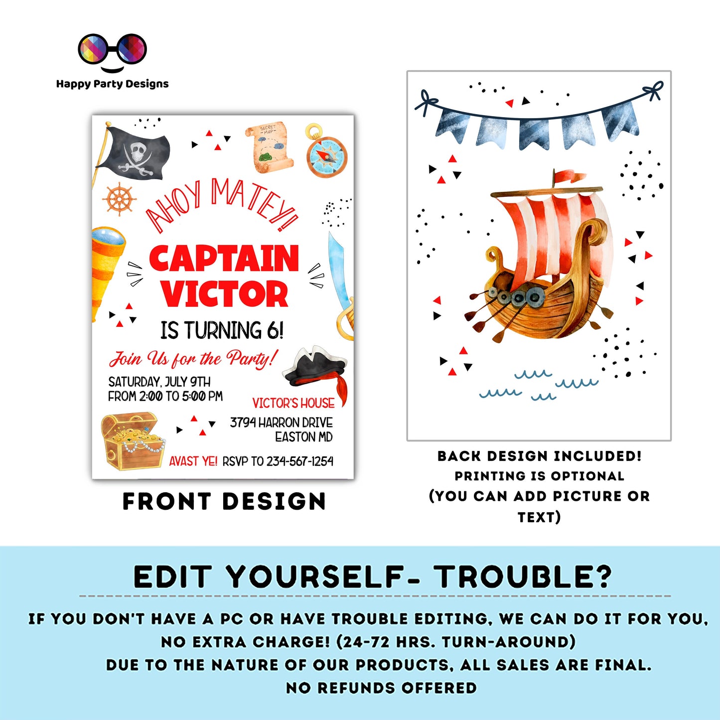 Pirate Invitation | Pirate Birthday Party | Pirate Invite | Pirate Ship Party Invite | boy birthday | any age | editable on line #K108