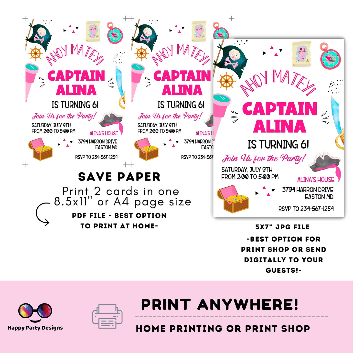Pirate Invitation | Pirate Birthday Party | Pirate Invite | Pirate Ship Party Invite | girl birthday | any age | editable on line #K108
