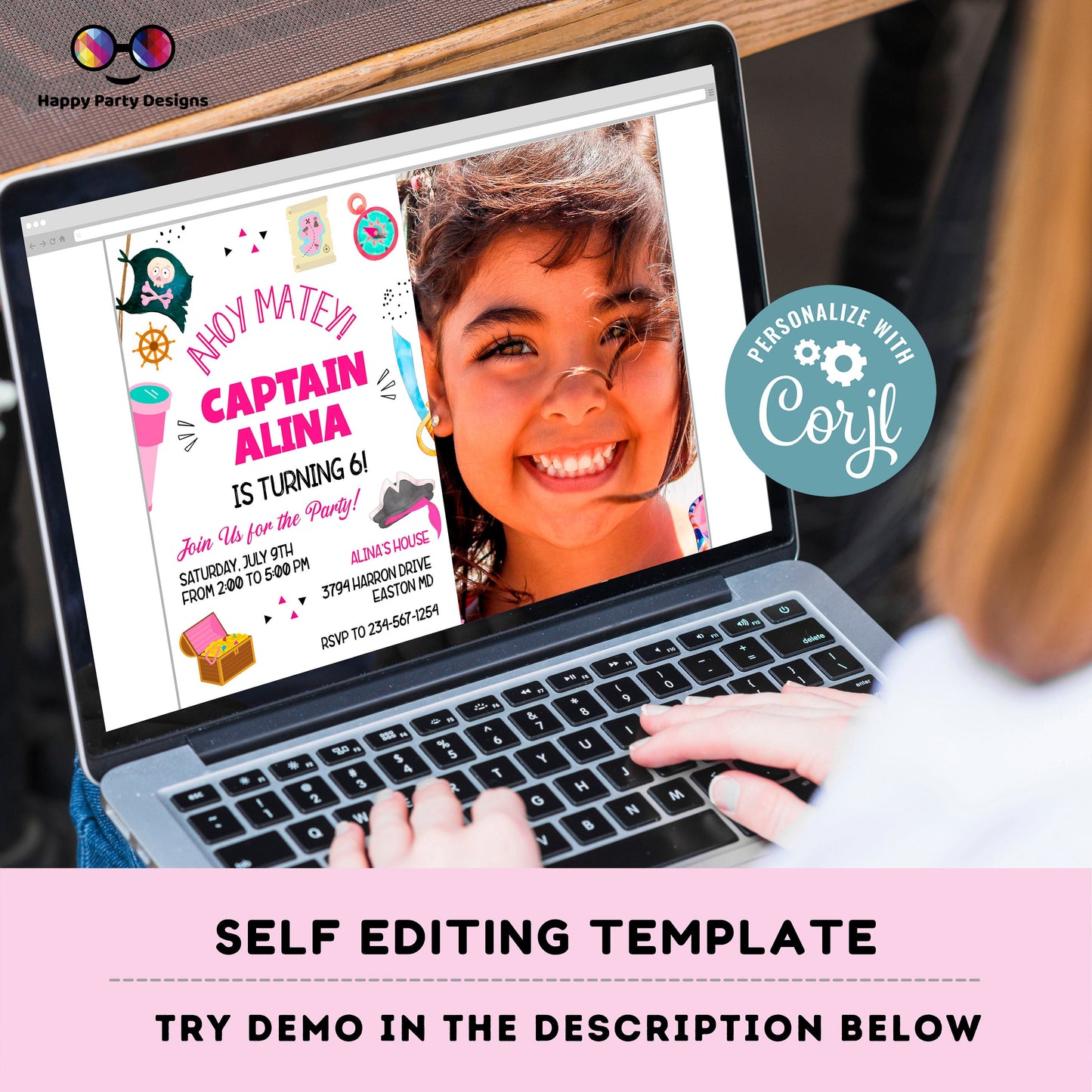 Pirate Invitation with picture | Pirate Birthday Party | Pirate Invite | girl birthday | any age | editable on line #K108