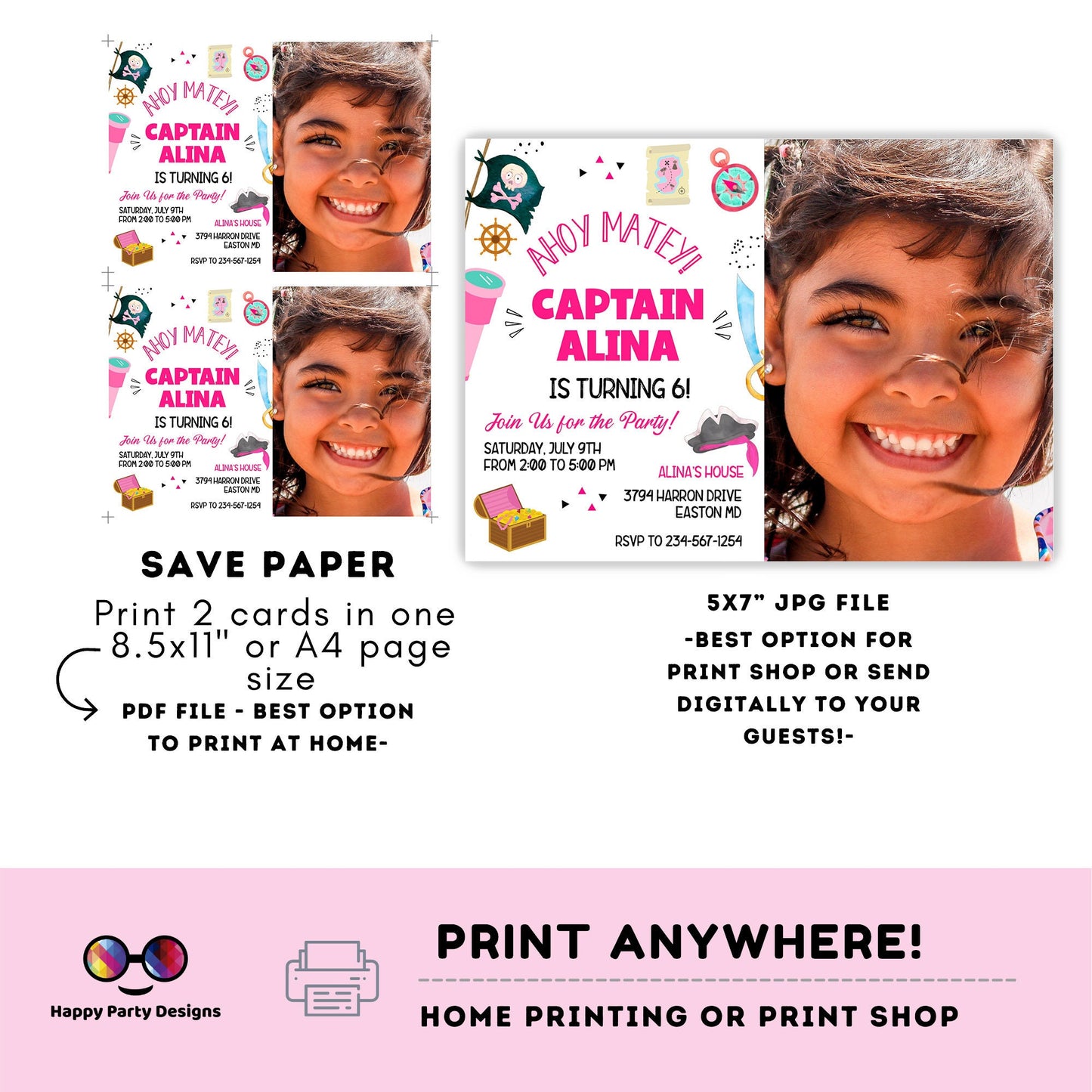 Pirate Invitation with picture | Pirate Birthday Party | Pirate Invite | girl birthday | any age | editable on line #K108