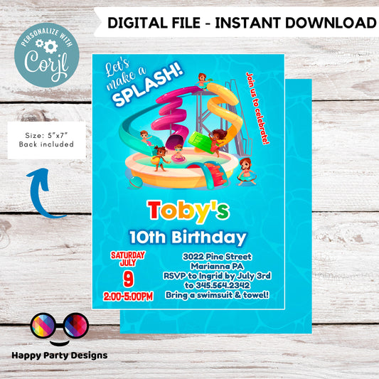 editable water park birthday invitation template | let's make a splash boy waterpark party invite Pool party Invitation | | Summer #K109