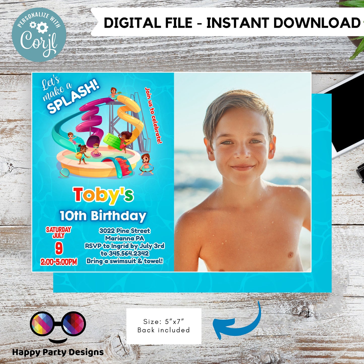 editable water park birthday invitation with photo | let's make a splash boy waterpark party invite Pool party Invitation | | Summer #K109