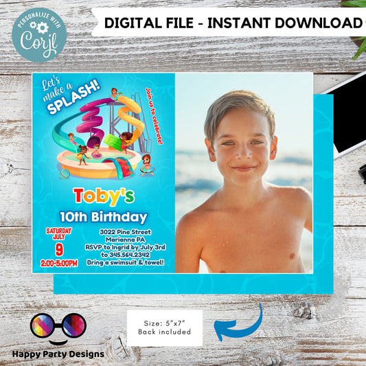 editable water park birthday invitation with photo | let's make a splash boy waterpark party invite Pool party Invitation | | Summer #K109