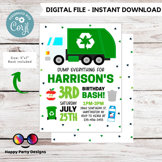 Garbage Truck Invitation | Recycling Birthday Invites | boy | any age! | Garbage Truck Invitations | Edit Yourself #K110