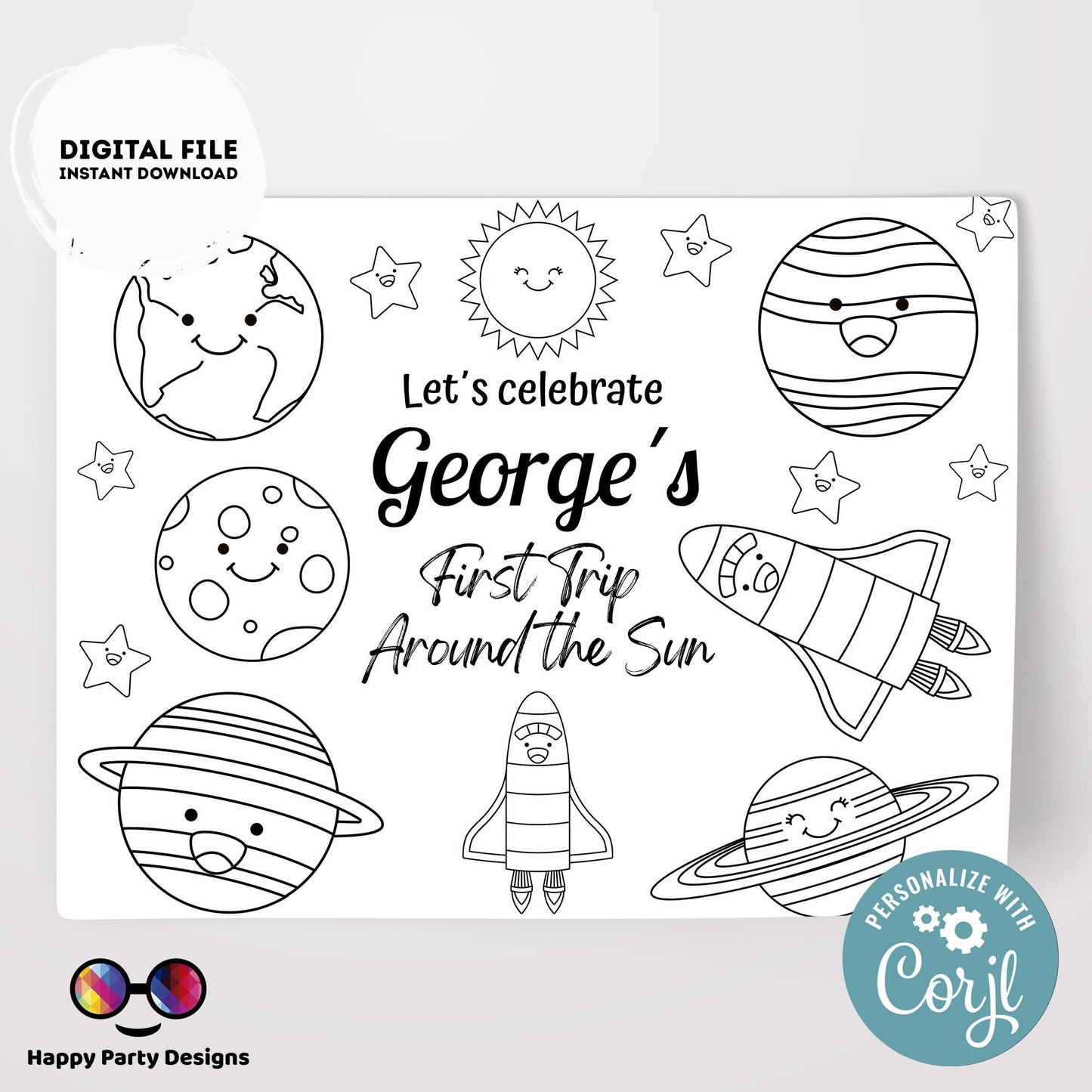 Editable first trip around the sun coloring page | Placemat coloring page | Any Age | planets | Outer Space party placemat #K5