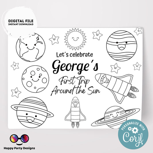 Editable first trip around the sun coloring page | Placemat coloring page | Any Age | planets | Outer Space party placemat #K5