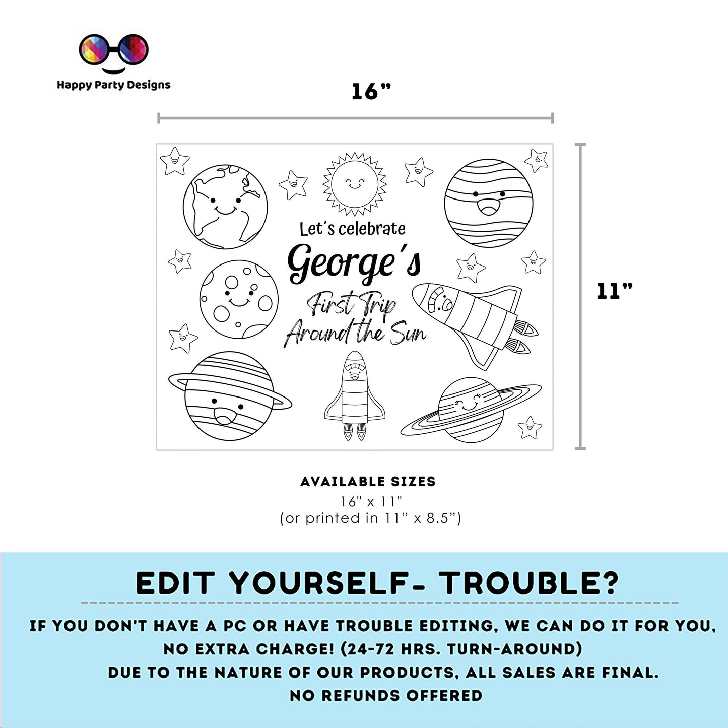 Editable first trip around the sun coloring page | Placemat coloring page | Any Age | planets | Outer Space party placemat #K5