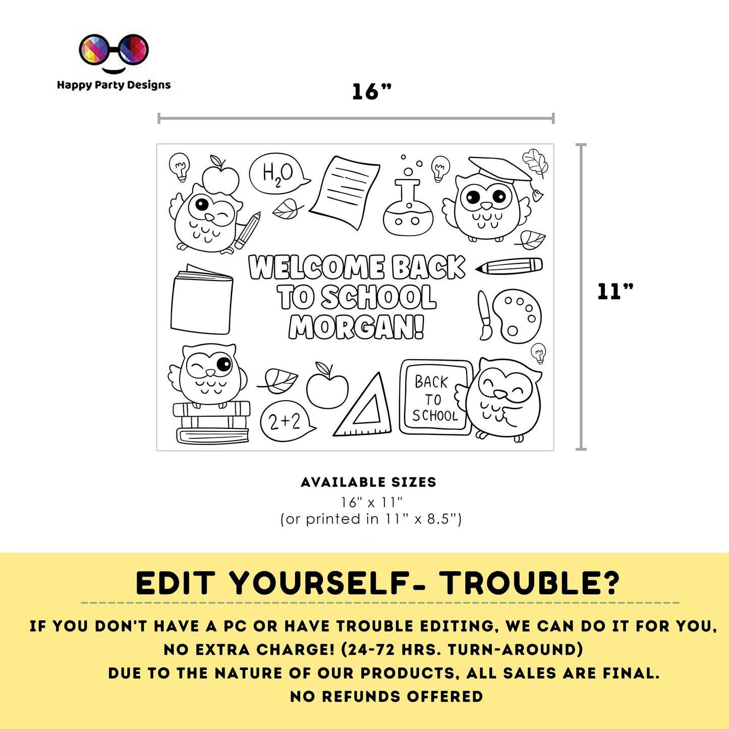 Editable first  day of school coloring page | Placemat coloring page | Any Age | Owls | welcome back to school placemat