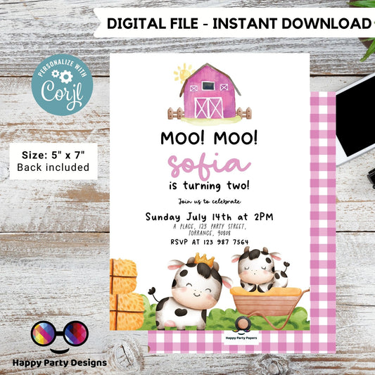 Moo Moo Editable Farm Birthday Invitation Girl |  Farm Animals Barnyard | cow Party Download Printable Invitation Template | cowgirl #K147