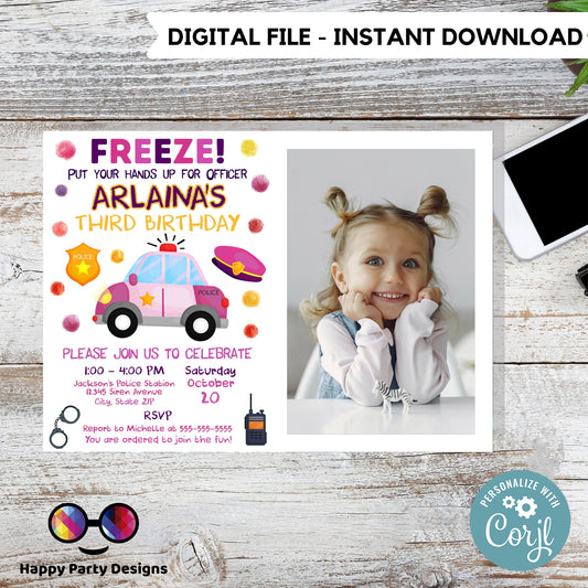 editable police birthday invitation with photo template | Police invite  | Police Invitations  | Instant Download  #K112