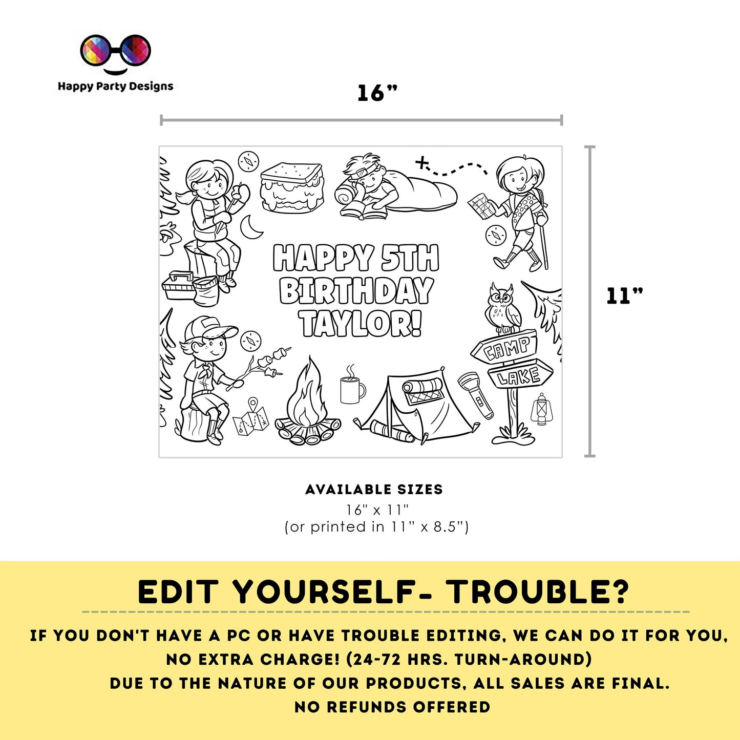 Editable Camping Birthday coloring page | Placemat coloring page | Any Age | Camping birthday  Happy Camper Party Activity | bag filler #K95