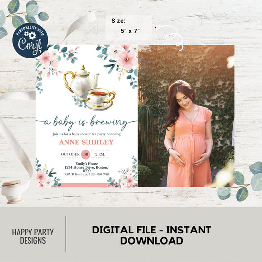Tea Party Baby Shower Invitation with picture | A Baby Is Brewing Baby Shower Invite | Teapot Baby Shower | greenery baby shower #B30