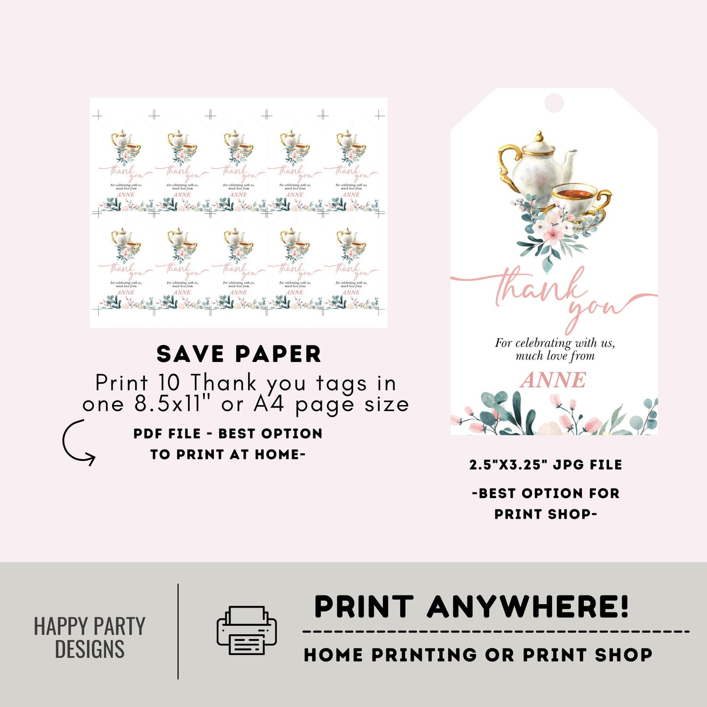 Editable tea party thank you tag | birthday |  baby shower | bachelorette | Thank you tag | Gift Tag | Template | Baby girl | Favor tag #B30