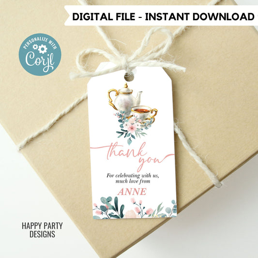 Editable tea party thank you tag | birthday |  baby shower | bachelorette | Thank you tag | Gift Tag | Template | Baby girl | Favor tag #B30