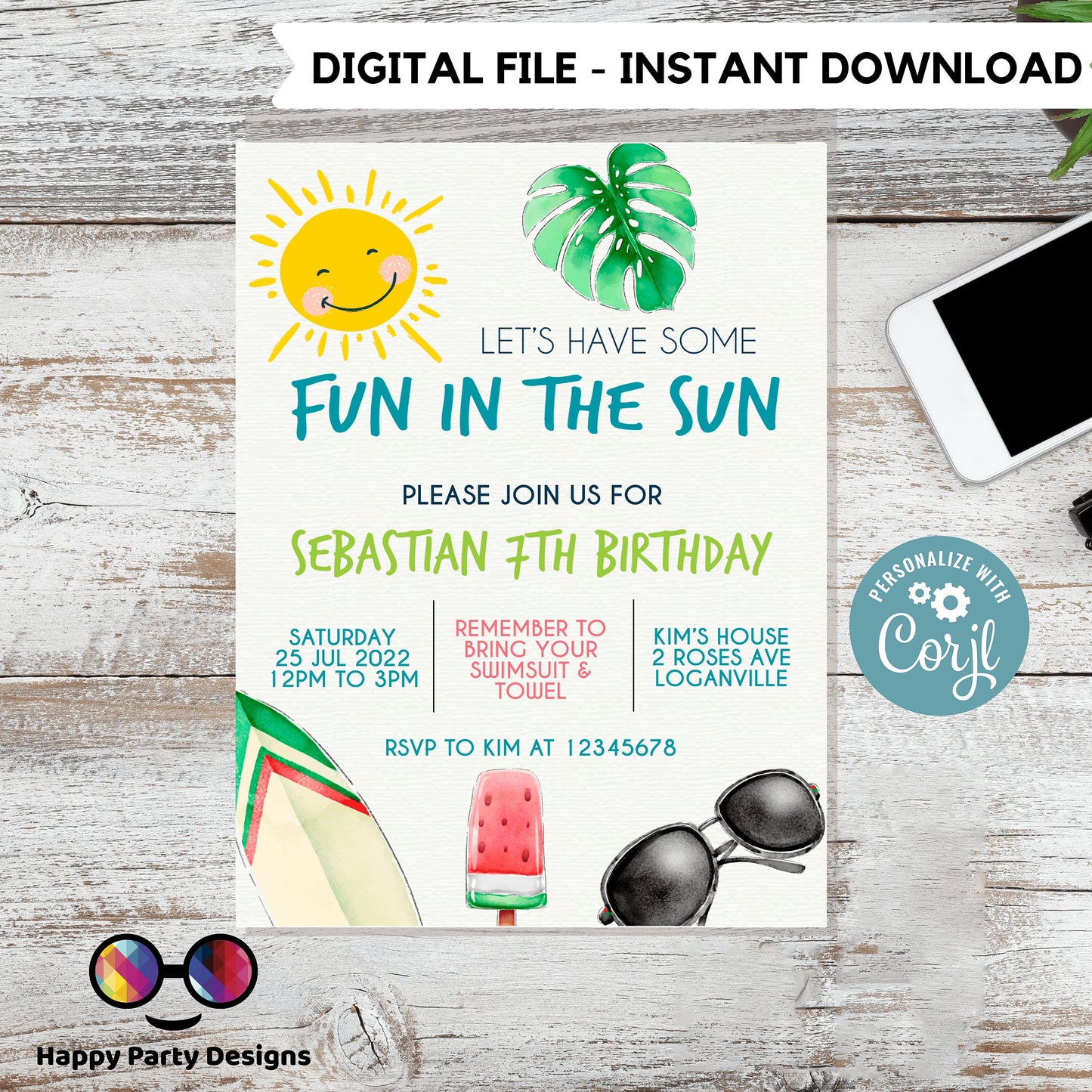 editable fun in the sun birthday invitation template | Pool Party Invitation | Summer | Any Event! | Beach or Pool | Fun in the Sun #K118
