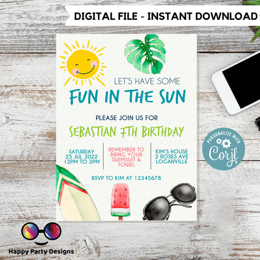editable fun in the sun birthday invitation template | Pool Party Invitation | Summer | Any Event! | Beach or Pool | Fun in the Sun #K118
